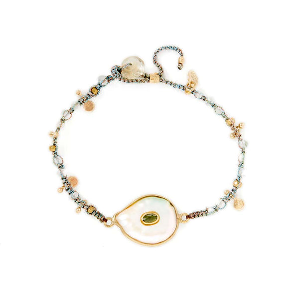 KASHA Bracelet macramé Perle d'eau douce et Tourmaline, argent plaqué or