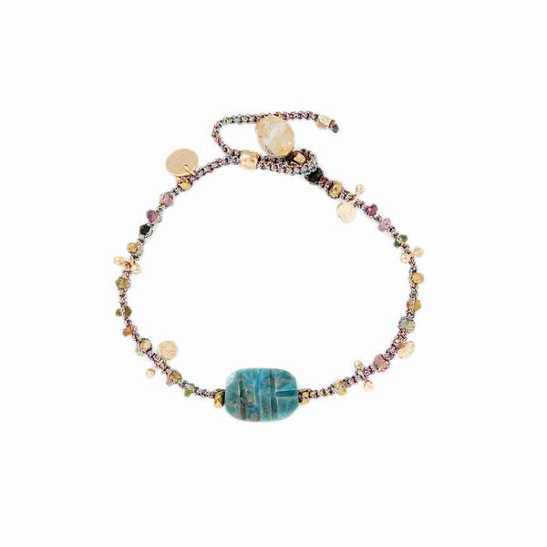 KASHA Bracelet macramé Scarabée Turquoise, argent plaqué or