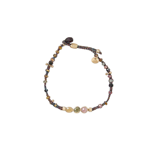 KASHA Bracelet macramé Tourmalines, argent plaqué or - fil bronze