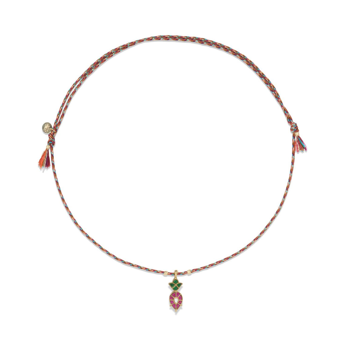 KASHMIR Collier Diamant polki, vert & rubis, Argent 925 doré, cordon de soie rainbow