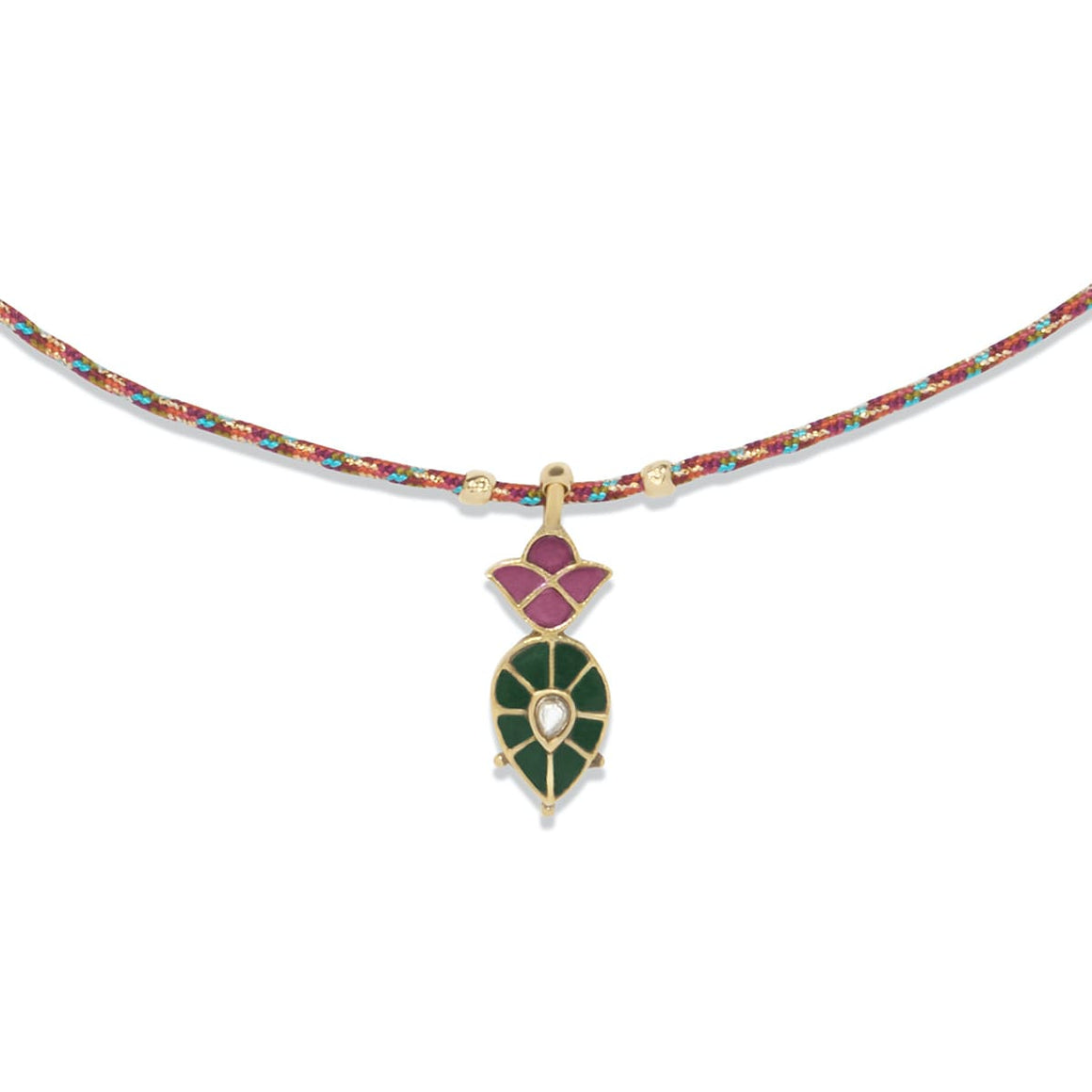 KASHMIR Collier Diamant polki, vert foncé & rubis, Argent 925 doré, cordon de soie rainbow