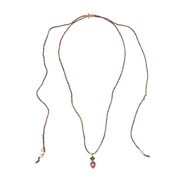 KASHMIR Collier cordon de soie vert & rose, diamant Polki