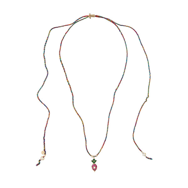 KASHMIR Collier cordon de soie vert & rose, diamant Polki