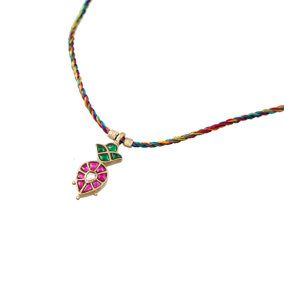 KASHMIR Collier cordon de soie vert & rose, diamant Polki