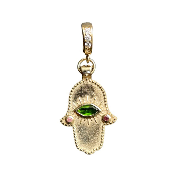 KHAMSA Charm Argent plaqué Or, bélière diamants - Tourmaline verte