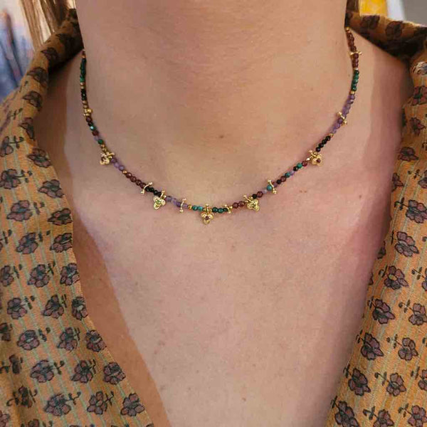 LUCKY Collier Malachite Améthyste Argent 925 plaqué Or