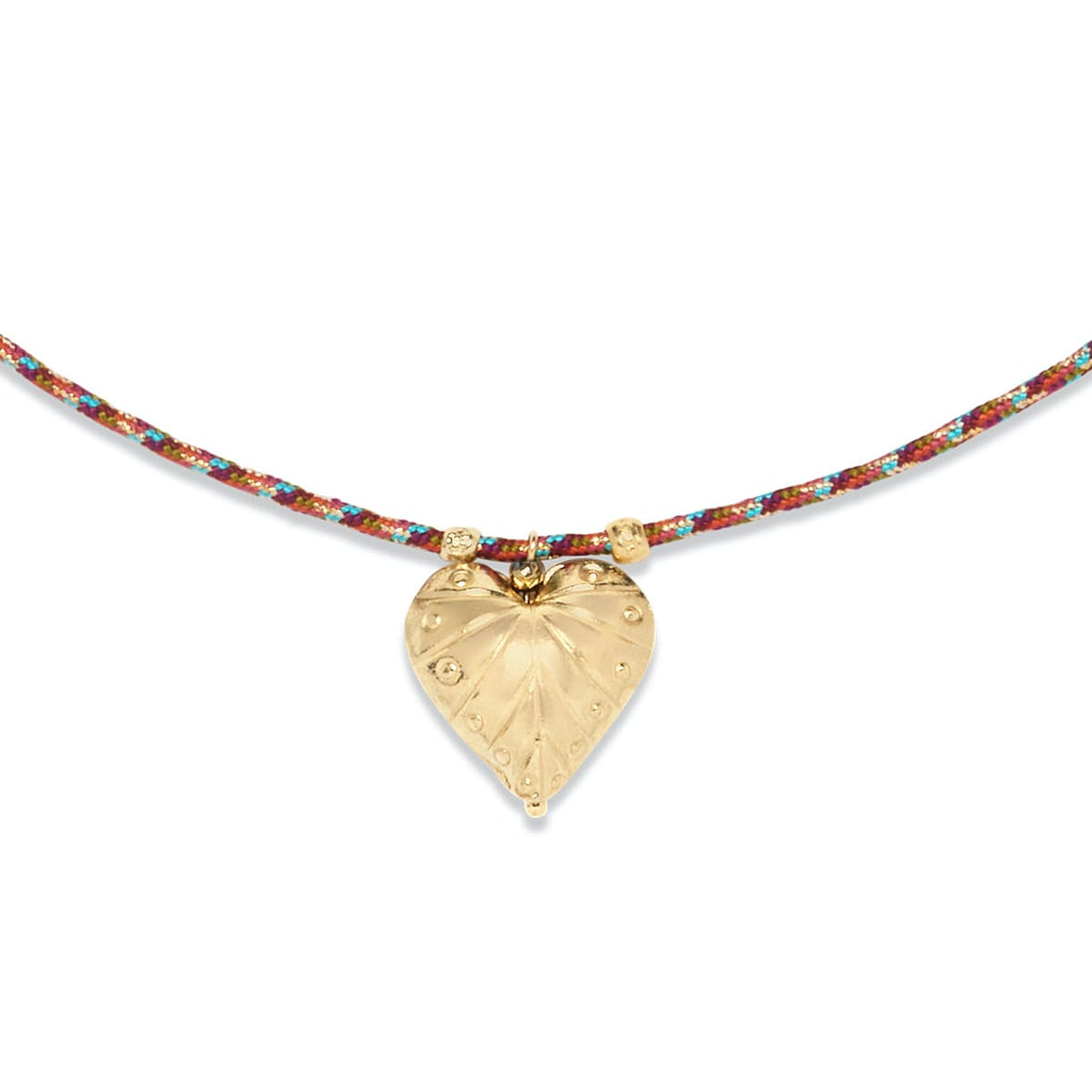 LUCKY HEART Collier Coeur, Argent plaqué Or 24 cts, cordon de soie rainbow