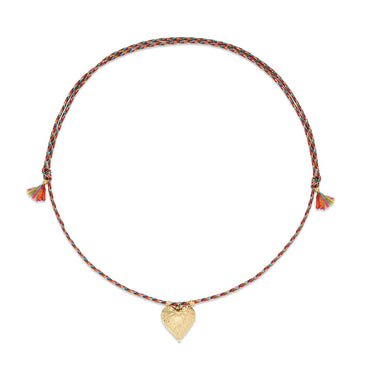 LUCKY HEART Collier Coeur, Argent plaqué Or 24 cts, cordon de soie rainbow