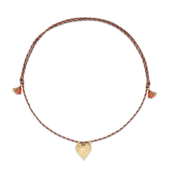 LUCKY HEART Collier Coeur, Argent plaqué Or 24 cts, cordon de soie rainbow