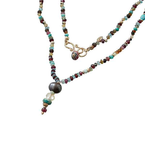 MALA Sautoir Pierres fines Multicolores, Perle d'eau douce, Tourmaline, Grenat, Apatite