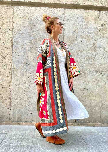 MANTEAU KIMONO FOLK Brodé Fleurs - Pièce Unique