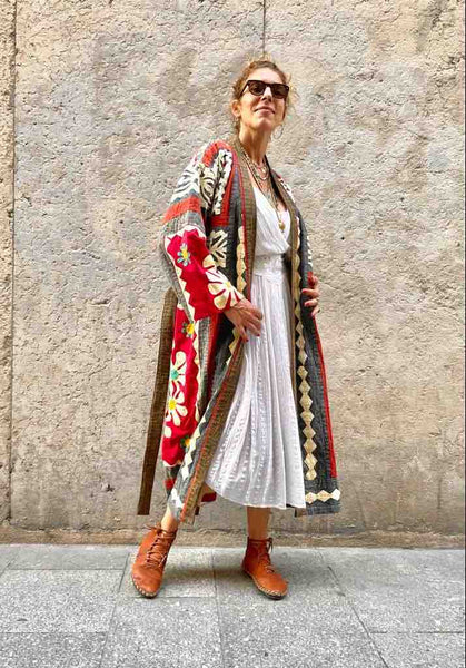 MANTEAU KIMONO FOLK Brodé Fleurs - Pièce Unique