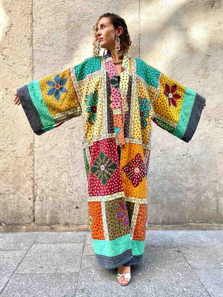 MANTEAU KIMONO FOLK Brodé multicolore- Pièce Unique