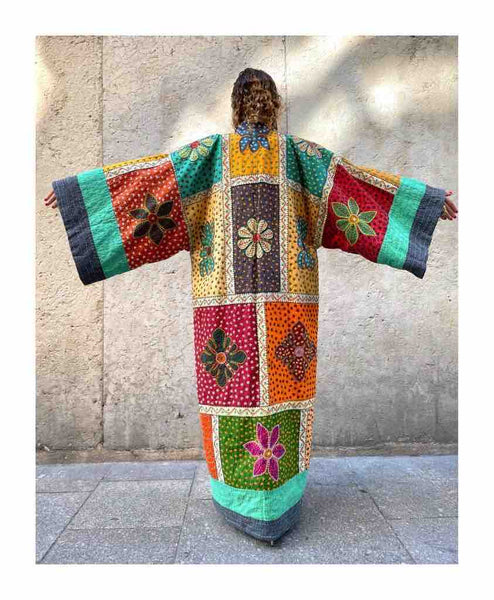 MANTEAU KIMONO FOLK Brodé multicolore- Pièce Unique