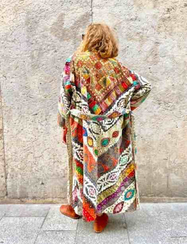 MANTEAU KIMONO FOLK Long Brodé - Pièce Unique