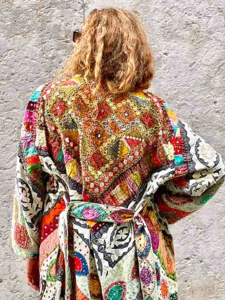 MANTEAU KIMONO FOLK Long Brodé - Pièce Unique