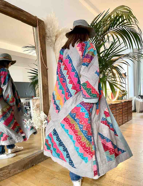 MANTEAU KIMONO Folk Long patchwork