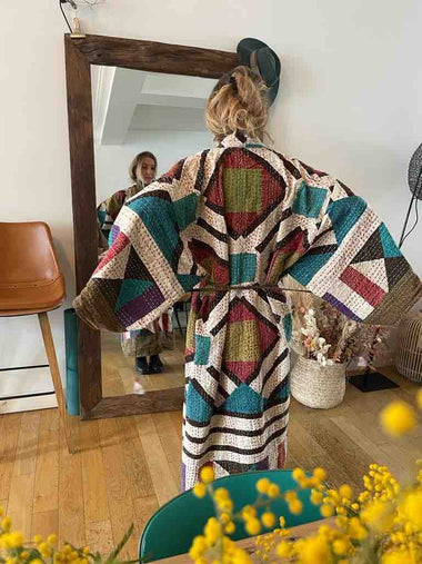 MANTEAU KIMONO Kantha Long Patchwork géométrique