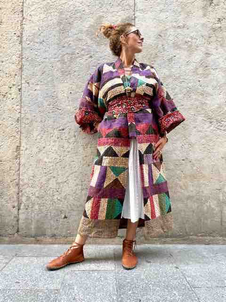 MANTEAU KIMONO Kantha Long Patchwork géométrique