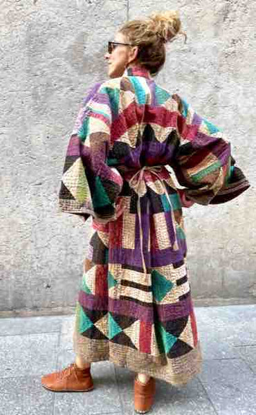 MANTEAU KIMONO Kantha Long Patchwork géométrique