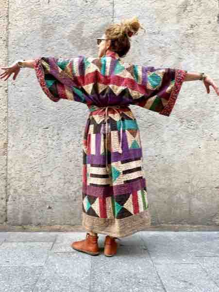 MANTEAU KIMONO Kantha Long Patchwork géométrique