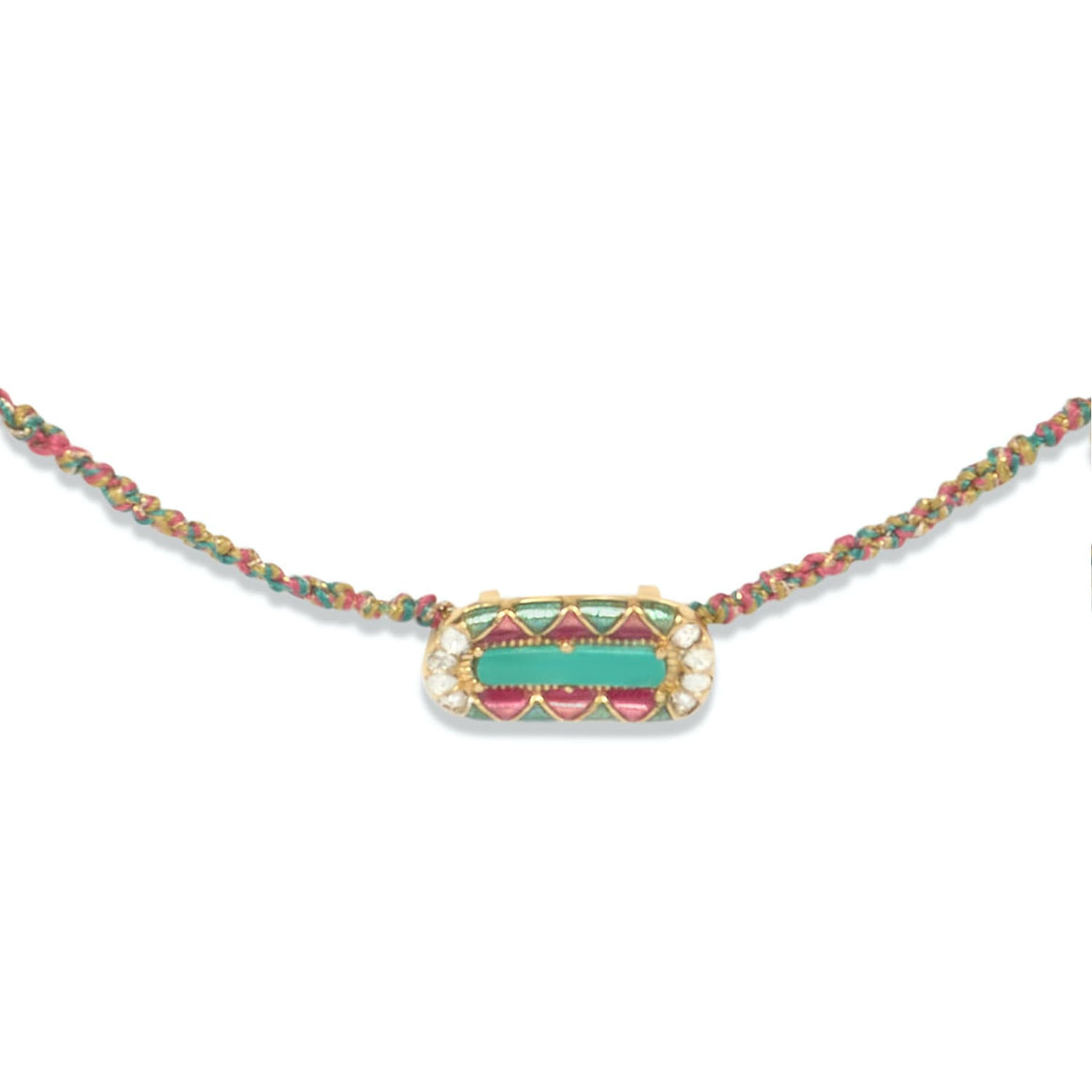 MINA Collier Turquoise et Diamants, Argent doré, cordon de soie