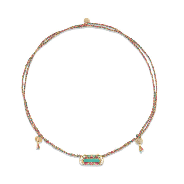 MINA Collier Turquoise et Diamants, Argent doré, cordon de soie