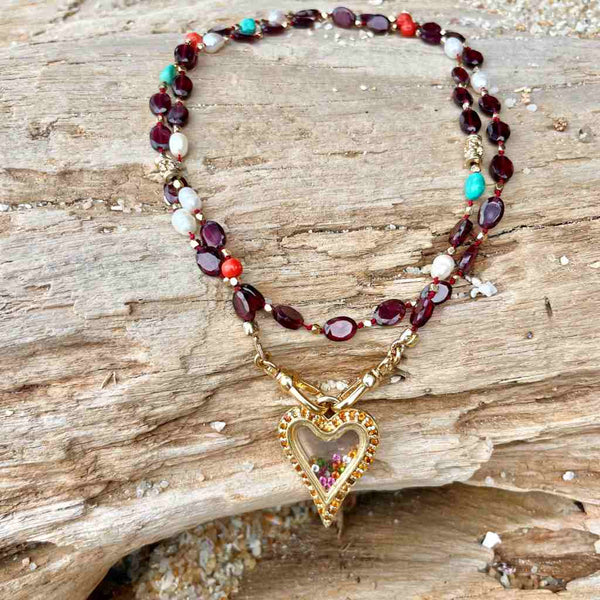 MAUPITI Chaîne pour Charms, Grenats et perles d'eau douce, Laiton doré 24 cts