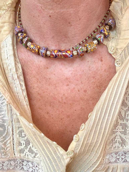 MILLEFIORI Collier Torque Multi perles vénitiennes, doré 24 cts