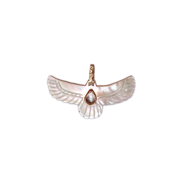 SHAMAN Charm Phoenix Sacré Nacre, Topaze blanche, Bélière Diamant, Argent 925 plaqué or 24 cts