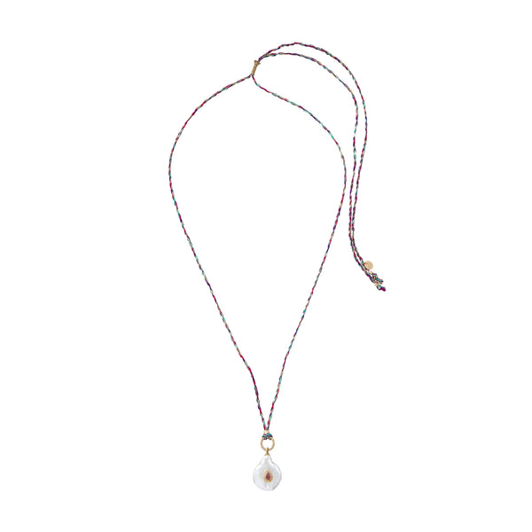 NAIADE Collier Perle baroque Tourmaline rose sur cordon de soie - Argent 925 plaqué or