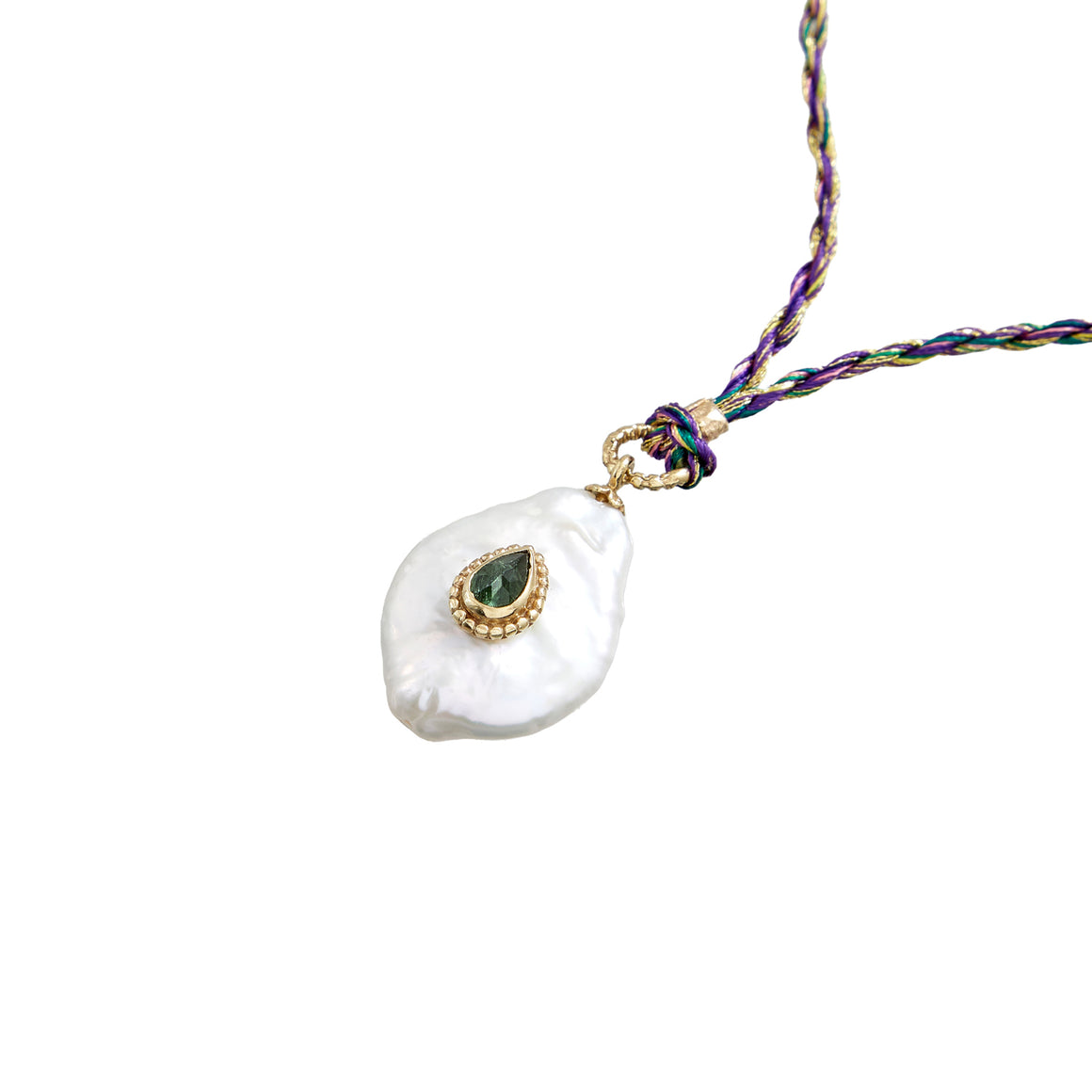 NAIADE Collier Perle baroque Tourmaline verte sur cordon de soie - Argent 925 plaqué or
