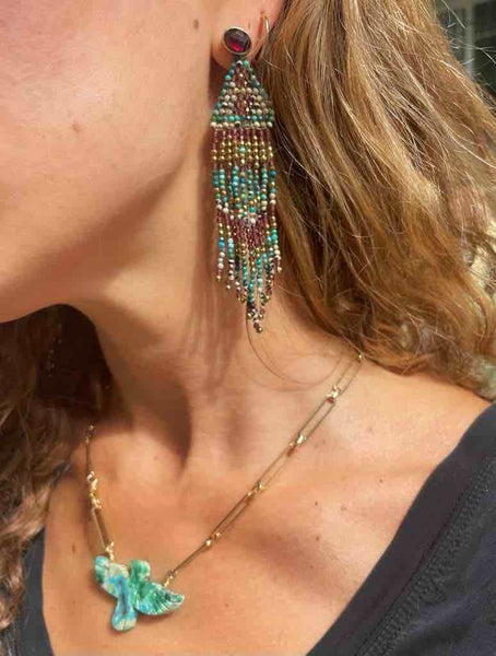 NAIROBI Boucles d'oreilles tissées Grenat Turquoise Argent 925 plaqué or