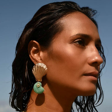 NAUTILUS Boucles d'oreilles clips Coquillage sculpté Amazonite et Coquillage doré