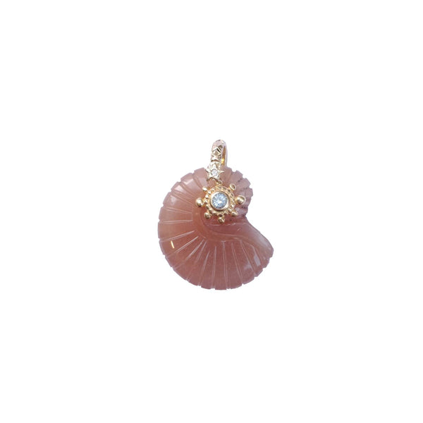 CHARM NAUTILUS Moonstone rose sertie Topaze, Bélière diamant, argent plaqué or 24 cts