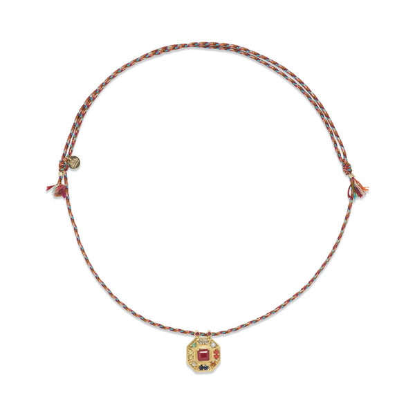 NAVRATTAN Collier réversible Rubis, Argent plaqué Or, cordon de soie rainbow