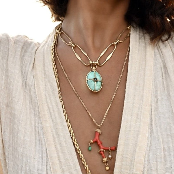 OCTAVIA Collier chaîne XL Chrysoprase Doré 24 cts