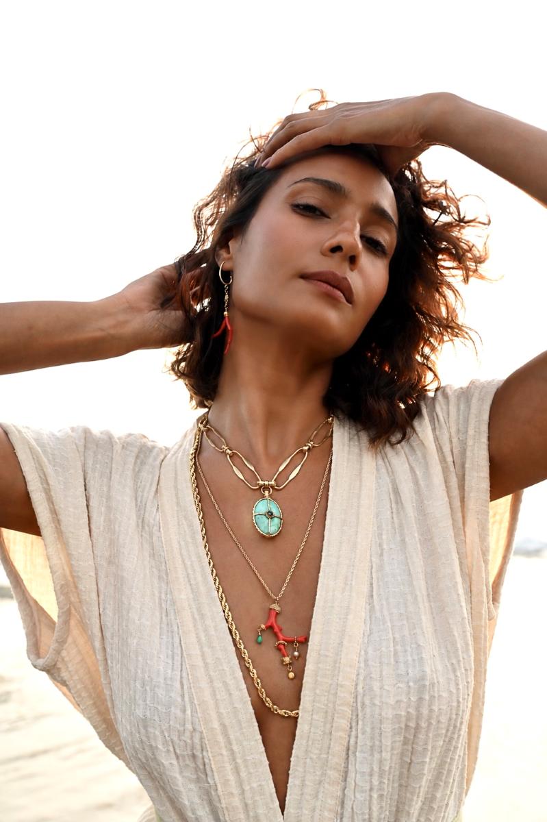 OCTAVIA Collier chaîne XL Chrysoprase Doré 24 cts