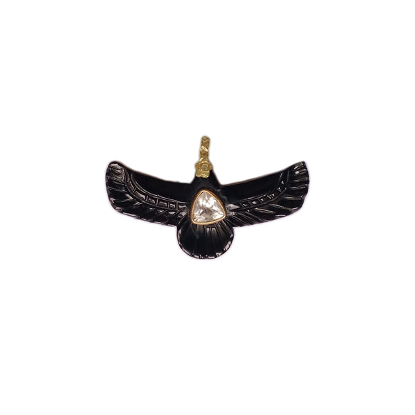 SHAMAN Charm Phoenix Sacré Onyx noir, Topaze blanche, Bélière Diamant, Argent 925 plaqué or 24 cts