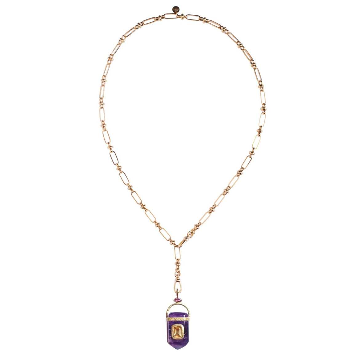 ORACLE Collier Prisme Amethyste sertie Citrine, Chaîne esprit vintage, Doré 24 cts