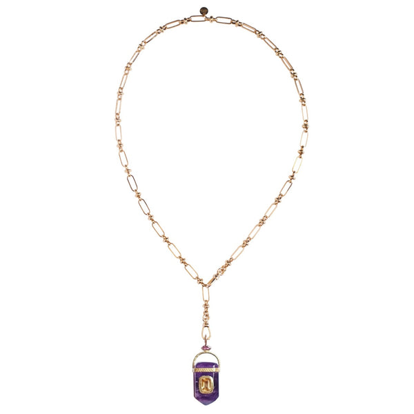 ORACLE Collier Prisme Amethyste sertie Citrine, Chaîne esprit vintage, Doré 24 cts