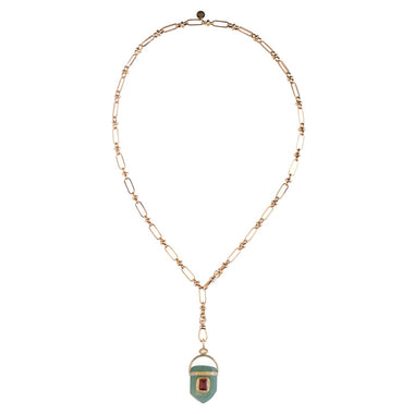 ORACLE Collier Prisme Quartz vert serti Grenat, Chaîne esprit vintage, Doré 24 cts