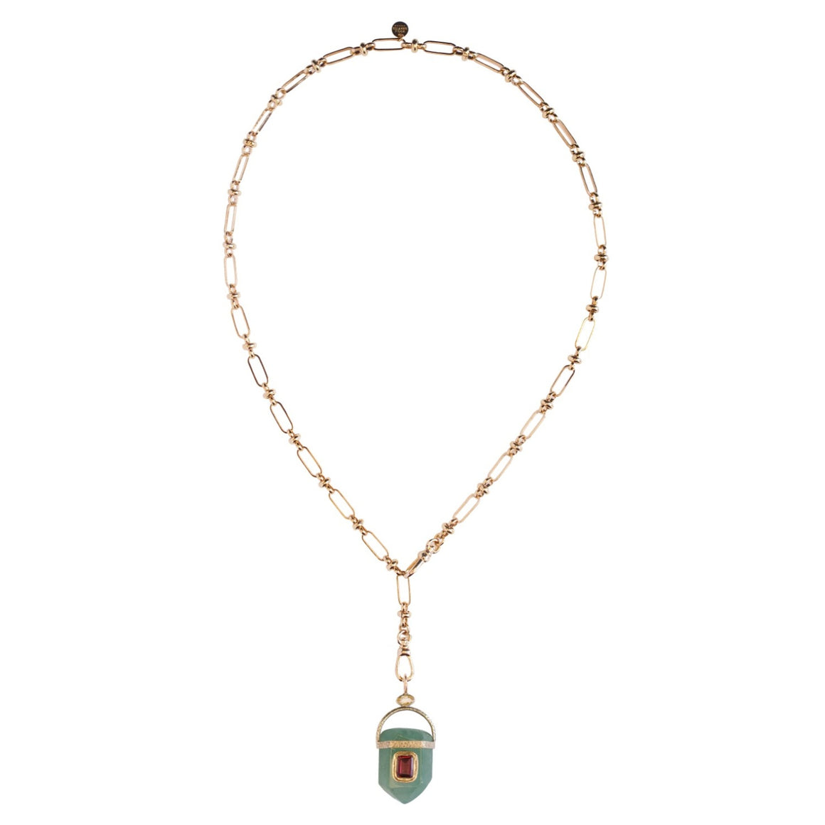 ORACLE Collier Prisme Quartz vert serti Grenat, Chaîne esprit vintage, Doré 24 cts