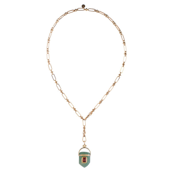ORACLE Collier Prisme Quartz vert serti Grenat, Chaîne esprit vintage, Doré 24 cts