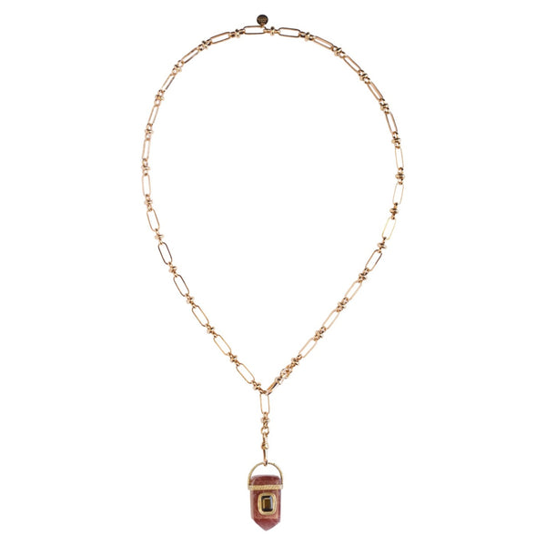 ORACLE Collier prisme Quartz Strawberry serti Tourmaline verte, Chaîne esprit vintage, Doré 24 cts