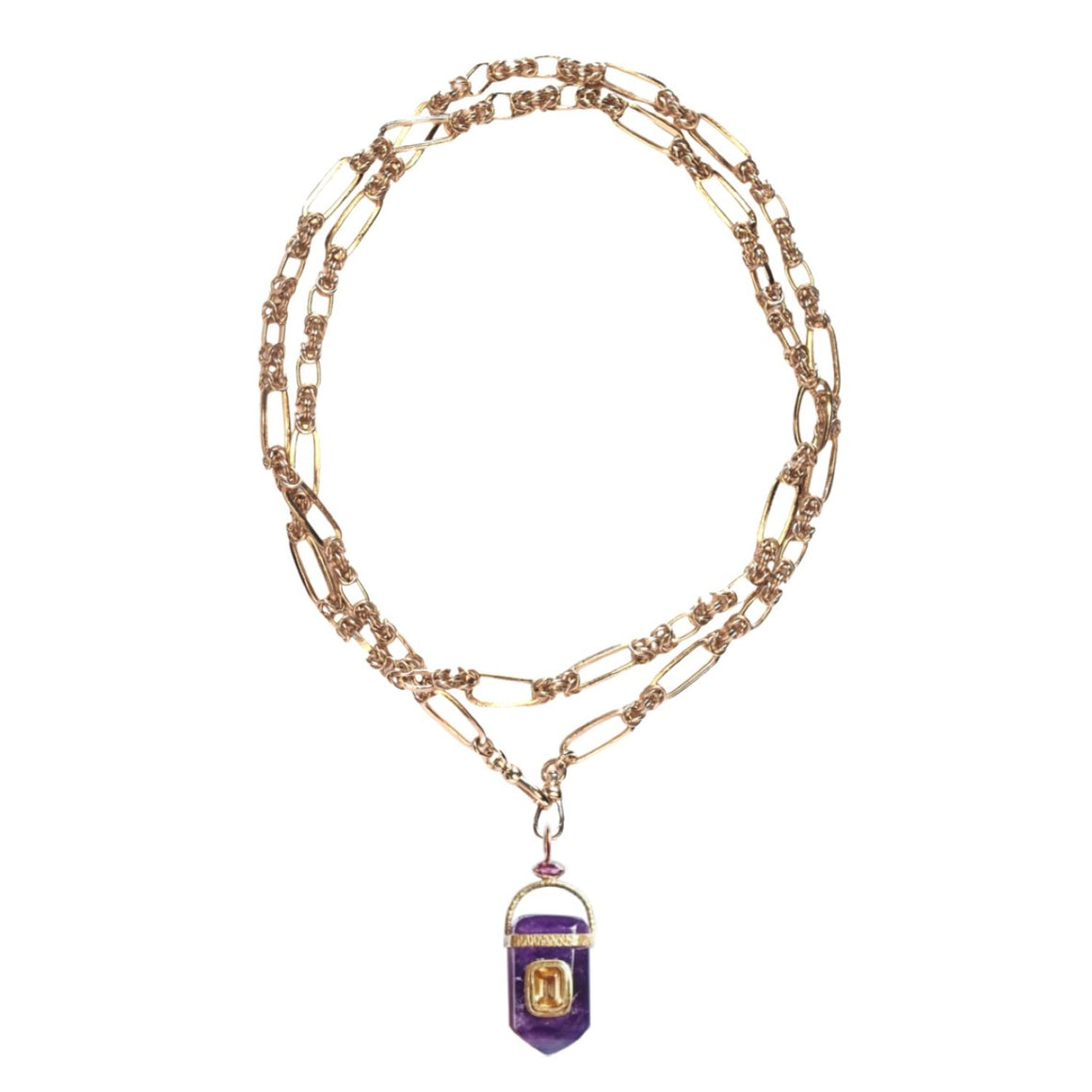 ORACLE Sautoir Prisme Améthyste sertie Citrine, Chaîne couture, Doré 24 cts