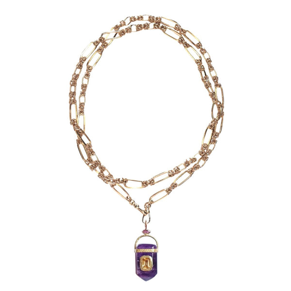 ORACLE Sautoir Prisme Améthyste sertie Citrine, Chaîne couture, Doré 24 cts
