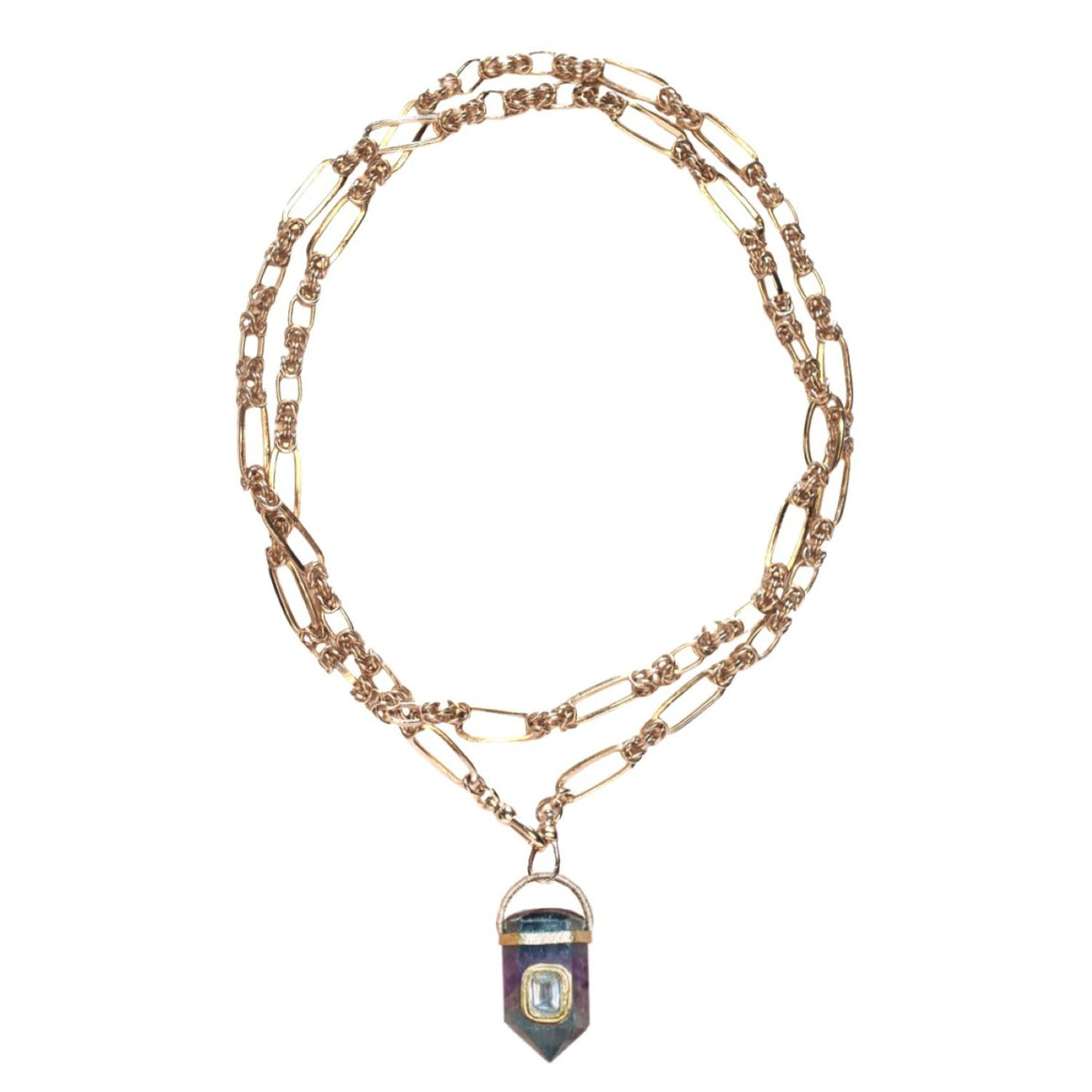 ORACLE Sautoir Prisme Fluorite serti Topaze, Chaîne couture, Doré 24 cts