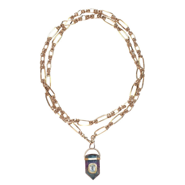 ORACLE Sautoir Prisme Fluorite serti Topaze, Chaîne couture, Doré 24 cts