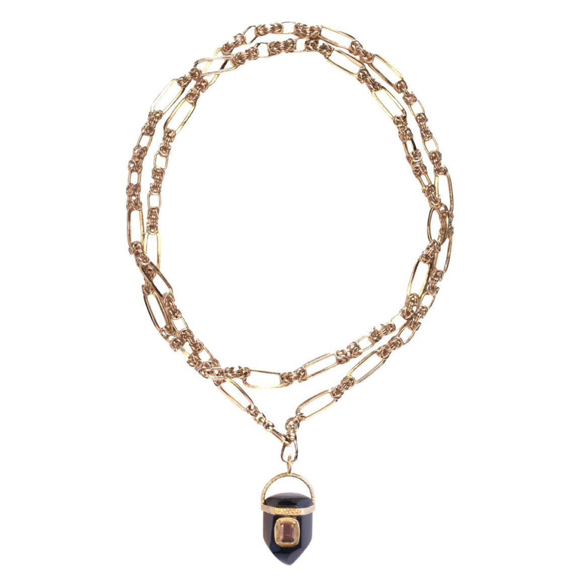 ORACLE Sautoir Prisme Onyx serti Citrine, Chaîne couture, Doré 24 cts